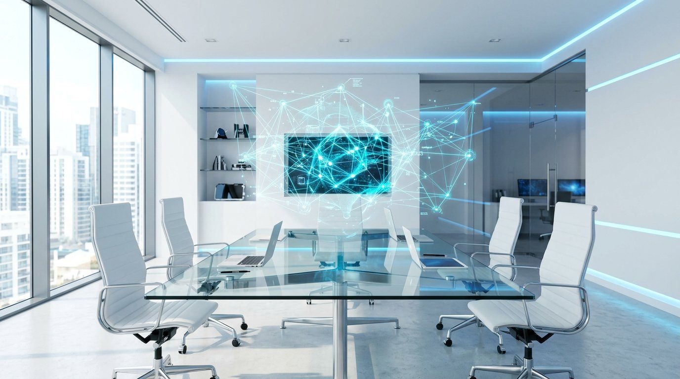 Strategy room with a neural system model above the table