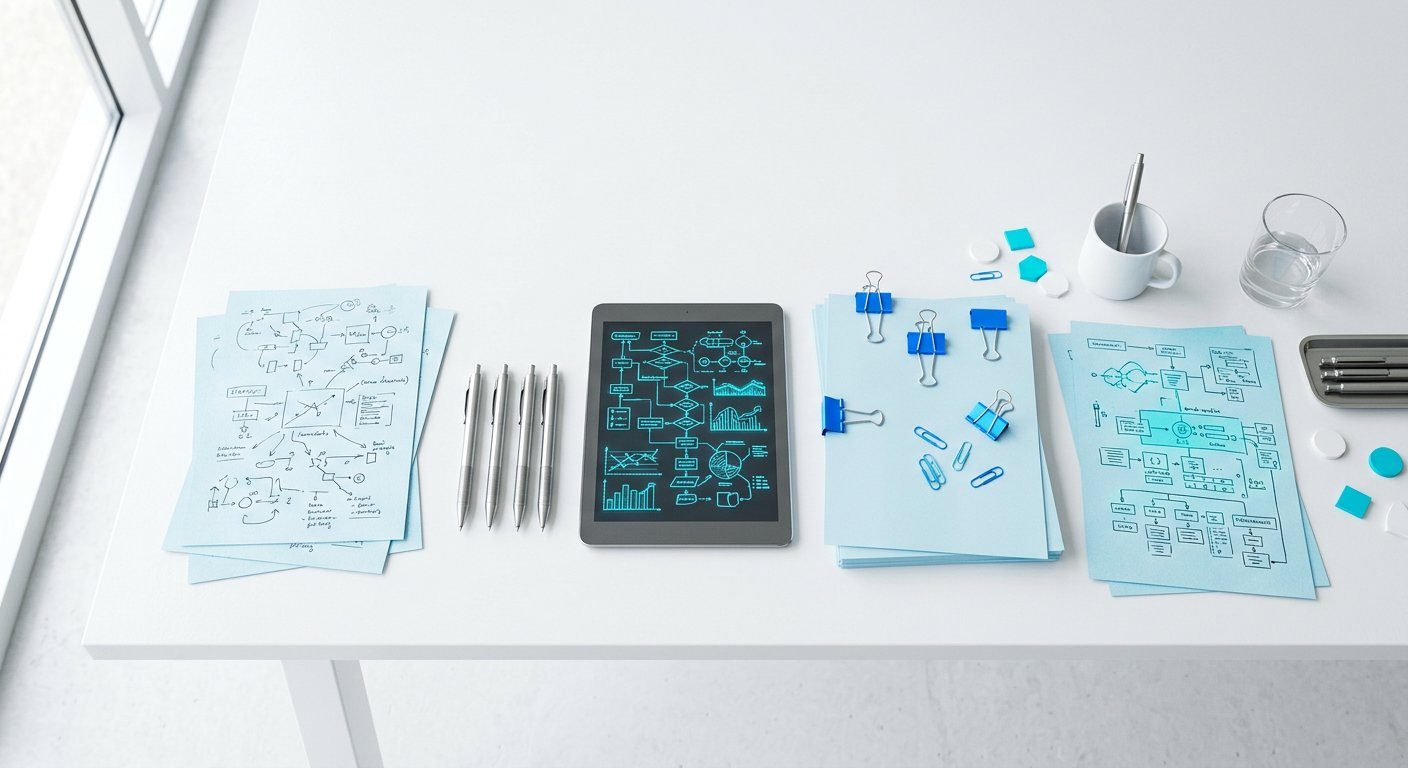 Workshop table with diagrams and notes