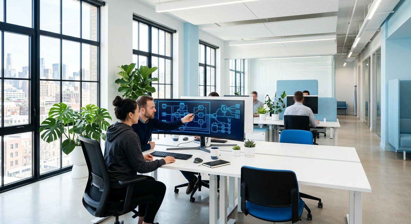 Engineers reviewing a software architecture map